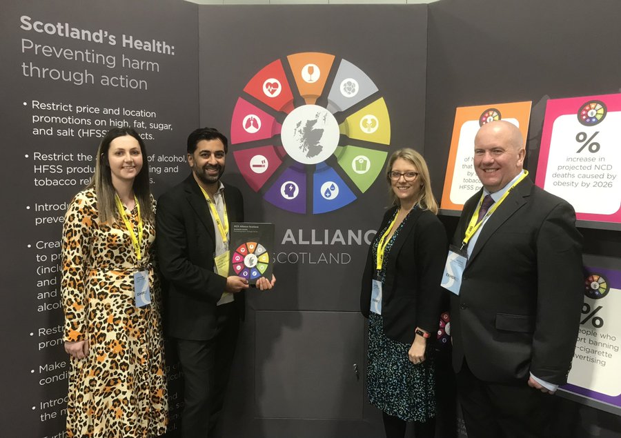 Our Communications Manager Alan with then Cabinet Secretary for Health & Social Care Humza Yousaf, Jennifer from Obesity Action Scotland and Rebecca from Alcohol Focus Scotland