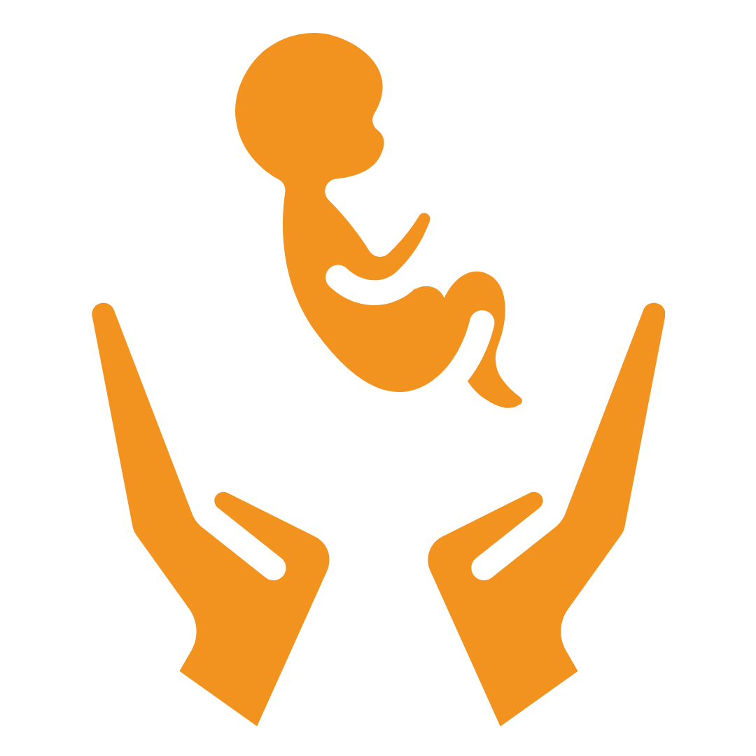 Two orange hands surround the silhouette of an orange newborn
